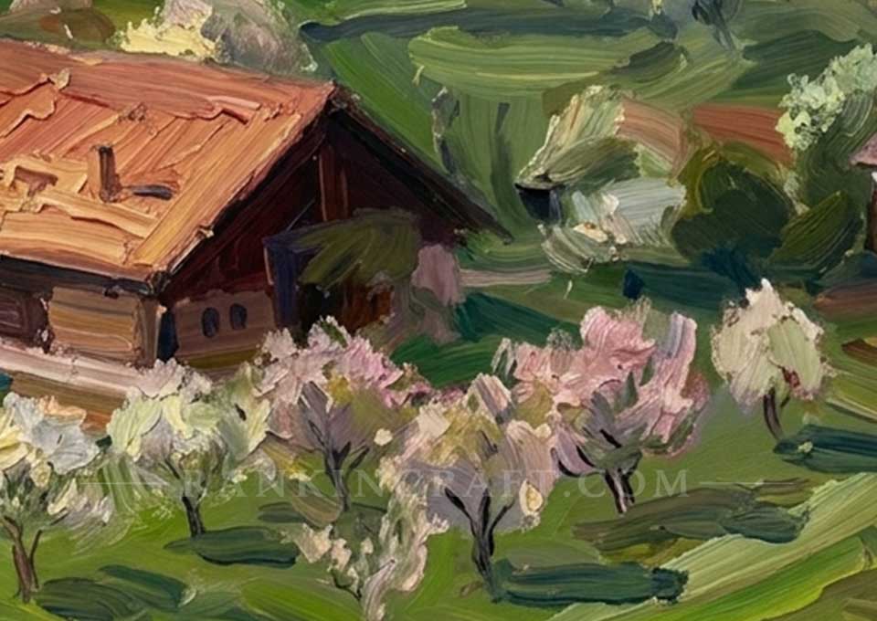 European Pastoral Landscape Painting: Hand-Painted Spring Canvas Art 8 Detailed close-up of oil painting brushstrokes showing wooden farmhouse and blooming trees