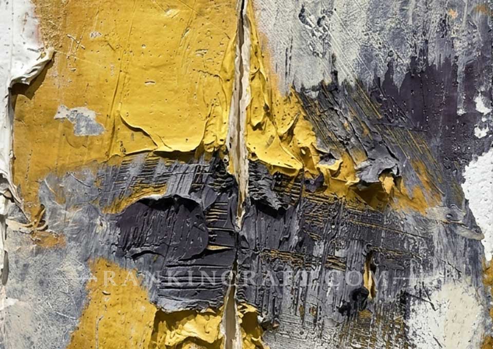Abstract canvas painting mounted against a solid cream white wall background