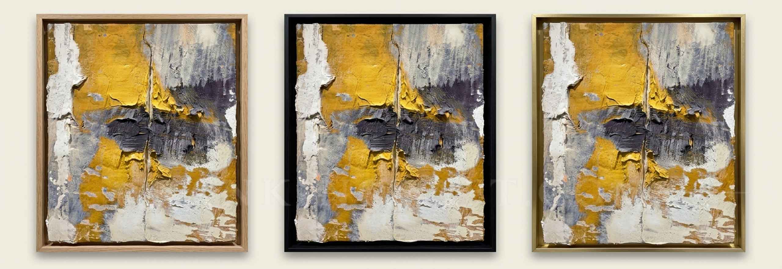 Three frame style options for abstract artwork side by side including light wood, black metal, and gold metal frames