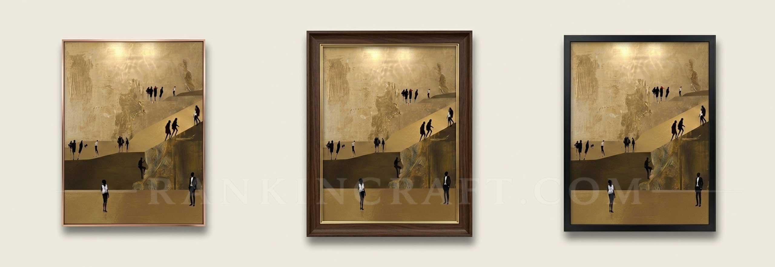 Gold Leaf Abstract Painting: Large Wall Art for Modern Interior Design 10 `three-framed-options-gold-painting-cream-background