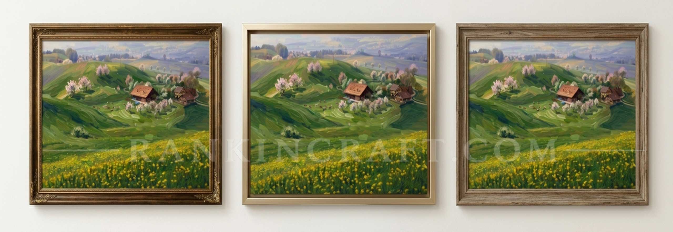 European Pastoral Landscape Painting: Hand-Painted Spring Canvas Art 10 Three framed oil paintings side by side on a cream background showcasing different frame styles.