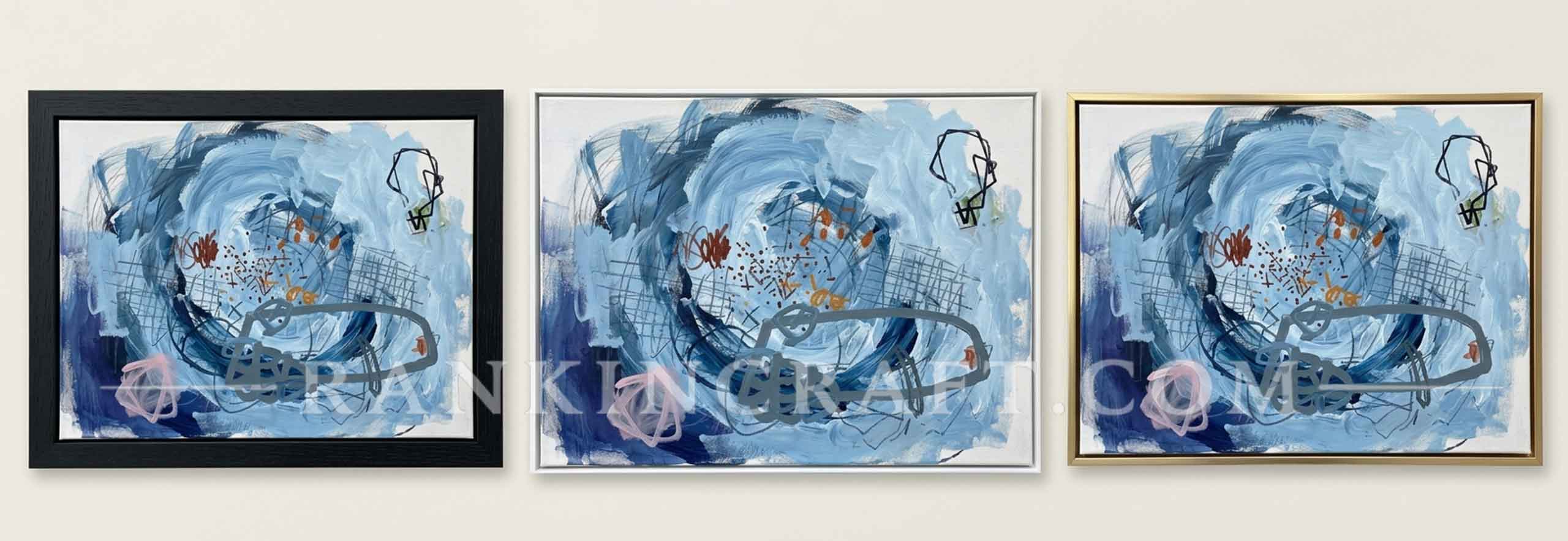 three framing options for abstract painting side by side in black white and gold frames