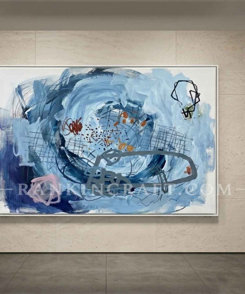 Blue abstract impasto painting displayed in a contemporary interior.