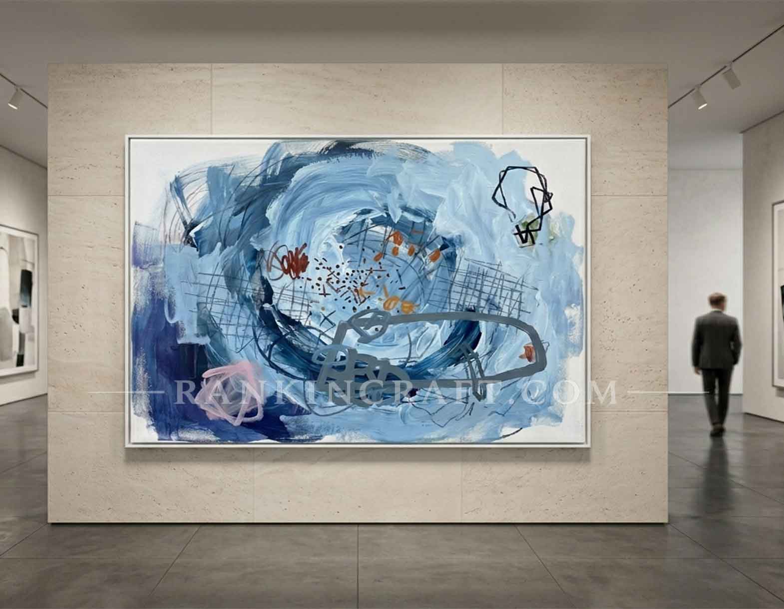 Blue abstract impasto painting displayed in a contemporary interior.